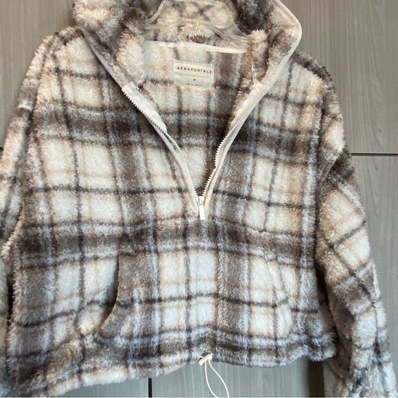 Aeropostale Plaid Pullover Hoodie Sherpa-Style Zip Front Cream Brown Medium - Picture 2 of 7